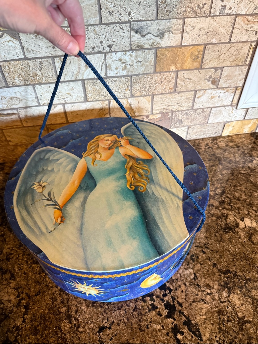 VTG Celestial Angel Sun Moon Stars Hat Box Blue Gold Rope Handle Elizabeth Lada.